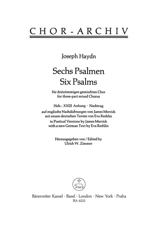 Six Psalms Hob XXIII:Anhang -to Poetical Versions with a new German Text- Two Versions with a new German Text 海頓 騎熊士版 | 小雅音樂 Hsiaoya Music