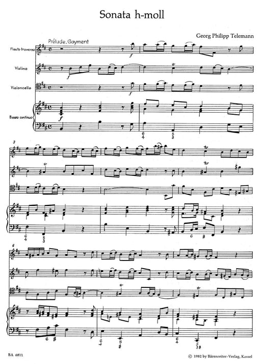 Sonata for Flute, Violin, Violoncello (Viola da gamba) and Basso Continuo B minor TWV 43:h1 泰勒曼 奏鳴曲 長笛 小提琴 大提琴古提琴 騎熊士版 | 小雅音樂 Hsiaoya Music