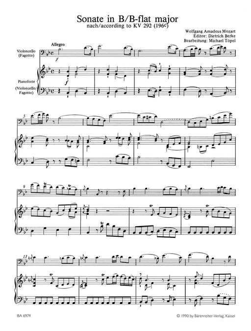 Sonata for Violoncello (Bassoon) and Piano according K. 292 (196c) or for two Bass Instruments K. 292 (196c) B-flat major 莫札特 奏鳴曲 大提琴低音管 鋼琴 騎熊士版 | 小雅音樂 Hsiaoya Music