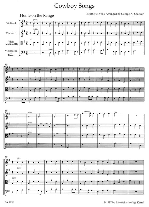 Cowboy Songs for Strings -Arrangements. score with 5 parts (V I, VII, Va (V III)- 弦樂 騎熊士版 | 小雅音樂 Hsiaoya Music
