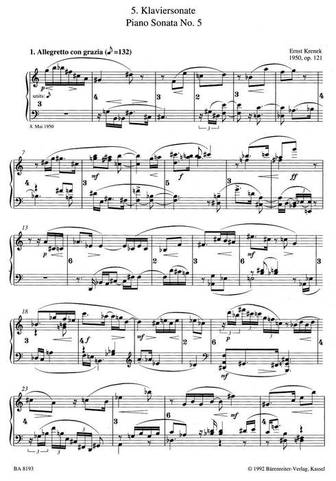 fünfte Klaviersonate op. 121 (1950) 克雷內克 騎熊士版 | 小雅音樂 Hsiaoya Music