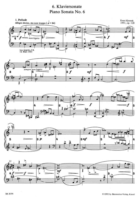 sechste Klaviersonate op. 128 (1951) 克雷內克 騎熊士版 | 小雅音樂 Hsiaoya Music