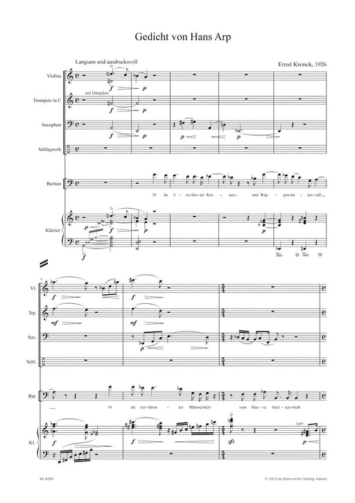 Gedicht von Hans Arp for Baritone and five Instruments (1926) 克雷內克 騎熊士版 | 小雅音樂 Hsiaoya Music