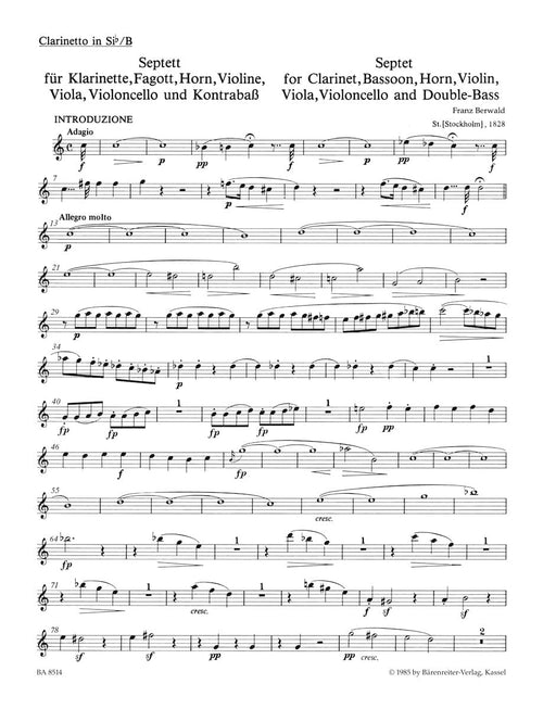 Septet for Clarinet, Bassoon, Horn, Viola, Violoncello and Double-Bass 貝華德弗朗茲 七重奏 豎笛 低音管法國號中提琴大提琴 騎熊士版 | 小雅音樂 Hsiaoya Music