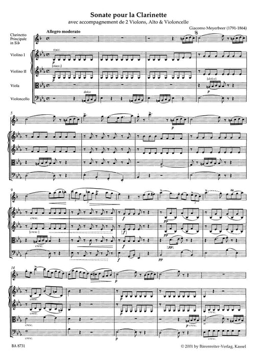 Quintett Es-Dur -Sonate pour la Clarinette avec accompagnement de 2 Violons, Contralto & Violoncelle. Erstausgabe- Sonata 梅耶貝爾 五重奏 豎笛 奏鳴曲 騎熊士版 | 小雅音樂 Hsiaoya Music