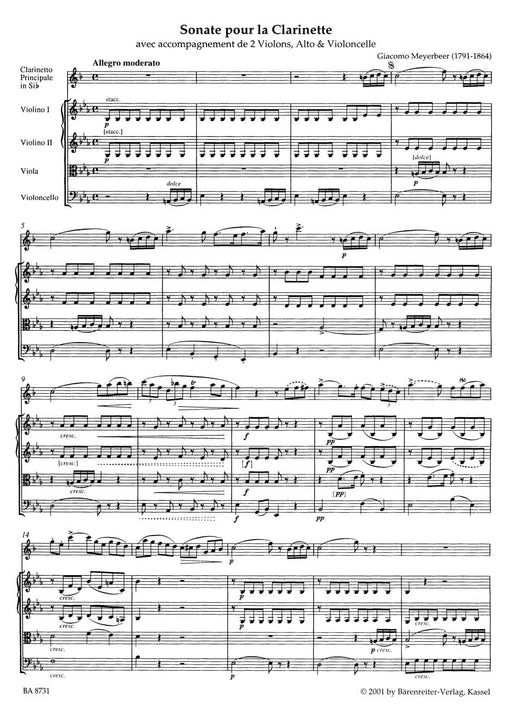 Quintett Es-Dur -Sonate pour la Clarinette avec accompagnement de 2 Violons, Contralto & Violoncelle. Erstausgabe- Sonata 梅耶貝爾 五重奏 豎笛 奏鳴曲 騎熊士版 | 小雅音樂 Hsiaoya Music