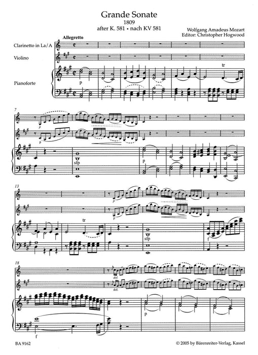Grande Sonate for Clarinet (or Violin) and Piano A major (1809) (after the Clarinet Quintet K. 581) 莫札特 豎笛 小提琴 鋼琴 豎笛 五重奏 騎熊士版 | 小雅音樂 Hsiaoya Music