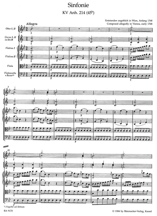 Symphony B-flat major K. Anh. 214 (45b) 莫札特 交響曲 騎熊士版 | 小雅音樂 Hsiaoya Music