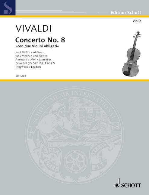 L'Estro Armonico op. 3/8 RV 522, P 2, F I/177 Concerto in A Minor 韋瓦第 和諧的靈感 協奏曲 小調 小提琴加鋼琴 朔特版 | 小雅音樂 Hsiaoya Music