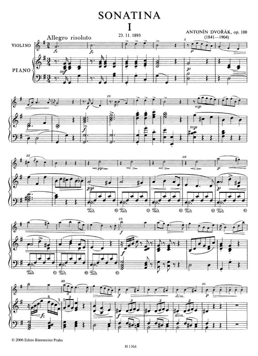 Sonatina for Violin and Piano G major op. 100 德弗札克 小奏鳴曲 小提琴 鋼琴 騎熊士版 | 小雅音樂 Hsiaoya Music