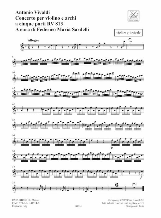 Concerto RV 813 for Violin and Strings in Five Parts Critical Edition Practical Series Parts 韋瓦第 協奏曲 小提琴 弦樂器 | 小雅音樂 Hsiaoya Music