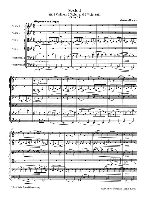 Sextet for 2 Violins, 2 Violas und 2 Violoncellos B-flat major op. 18 布拉姆斯 六重奏 小提琴 中提琴 大提琴 騎熊士版 | 小雅音樂 Hsiaoya Music