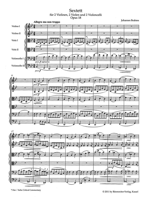 Sextet for 2 Violins, 2 Violas und 2 Violoncellos B-flat major op. 18 布拉姆斯 六重奏 小提琴 中提琴 大提琴 騎熊士版 | 小雅音樂 Hsiaoya Music