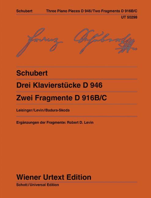 Three Piano Pieces D 946 and Two Fragmentary Piano Pieces D916/C Edited from the sources by Ulrich Leisinger, Notes on interpretation by Robert D. Levin, Fingerings by Paul Badura-Skoda 舒伯特 鋼琴小品 鋼琴小品 音符詮釋 鋼琴獨奏 維也納原典版 | 小雅音樂 Hsiaoya Music