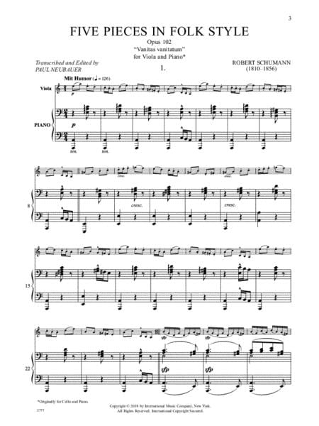 Five Pieces in Folk Style, Opus 102 舒曼羅伯特 小品民謠作品 中提琴 (含鋼琴伴奏) 國際版 | 小雅音樂 Hsiaoya Music