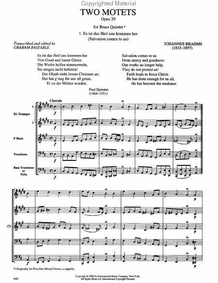 Two Motets, Op. 29 for 2 Trumpets in B-flat, Horn in F, Trombone & Bass Trombone or Tuba 布拉姆斯 經文歌 小號 法國號 長號低音長號低音號 | 小雅音樂 Hsiaoya Music