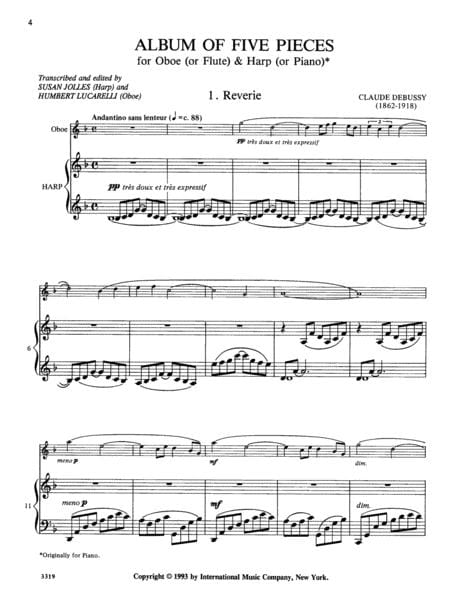 Five Pieces for Oboe (or Flute) and Harp (or Piano) 德布西 小品雙簧管長笛豎琴鋼琴 雙簧管 (含鋼琴伴奏) 國際版 | 小雅音樂 Hsiaoya Music