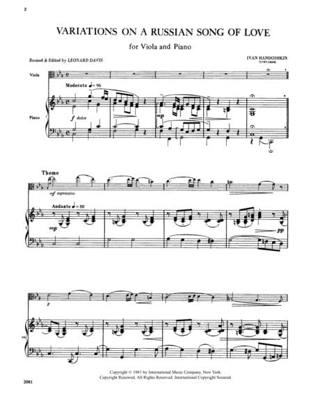 Variations on a Russian Song of Love 變奏曲 中提琴 (含鋼琴伴奏) 國際版 | 小雅音樂 Hsiaoya Music