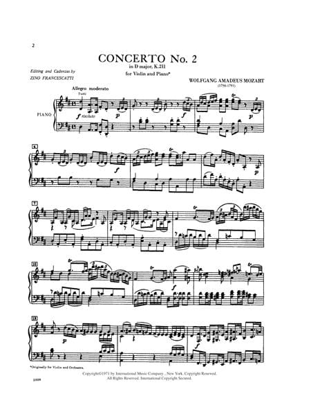 Concerto No. 2 in D Major, K. 211 with Cadenzas by Zino Francescatti 莫札特 協奏曲 大調 裝飾樂段 小提琴 (含鋼琴伴奏) 國際版 | 小雅音樂 Hsiaoya Music