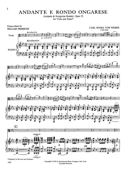 Andante & Rondo Ongarese, Op. 35 韋伯卡爾 行板迴旋曲 中提琴 (含鋼琴伴奏) 國際版 | 小雅音樂 Hsiaoya Music