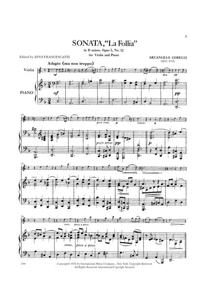 Sonata La Follia, Opus 5, No. 12 柯雷里阿爾坎傑羅 奏鳴曲 作品 小提琴 (含鋼琴伴奏) 國際版 | 小雅音樂 Hsiaoya Music