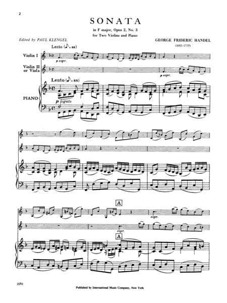 Sonata in F Major, Opus 2, No. 3 for Two Violins and Piano (or Violin, Viola and Piano) 韓德爾 奏鳴曲 大調作品 小提琴鋼琴小提琴中提琴鋼琴 小提琴 (2把以上含鋼琴伴奏) 國際版 | 小雅音樂 Hsiaoya Music