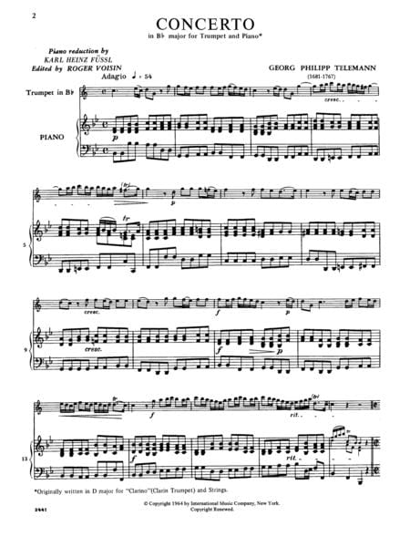 Concerto in B flat major (orig. in D for Clarino) 泰勒曼 協奏曲 大調 小號 (含鋼琴伴奏) 國際版 | 小雅音樂 Hsiaoya Music