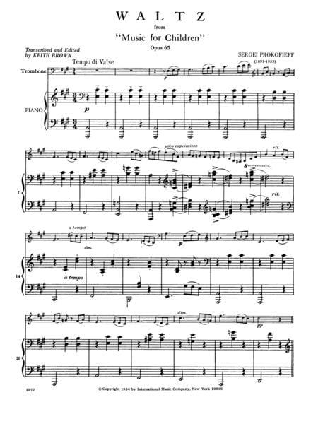 Waltz (from Music for Children), Opus 65 普羅科菲夫 圓舞曲 作品 長號 (含鋼琴伴奏) 國際版 | 小雅音樂 Hsiaoya Music