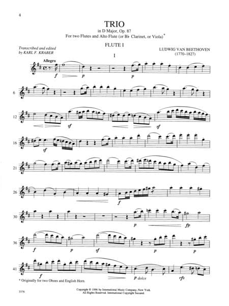 Trio in D Major, Opus 87 for Two Flutes and Alto Flute (with B-flat Clarinet and Viola parts as optional Alto Flute substitute) 貝多芬 三重奏 大調作品 長笛中音長笛 中提琴 中音長笛 | 小雅音樂 Hsiaoya Music