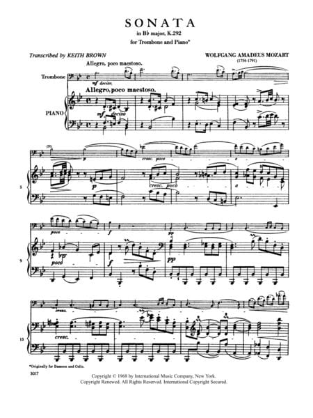 Sonata in B-flat Major, K. 292 莫札特 奏鳴曲 大調 長號 (含鋼琴伴奏) 國際版 | 小雅音樂 Hsiaoya Music