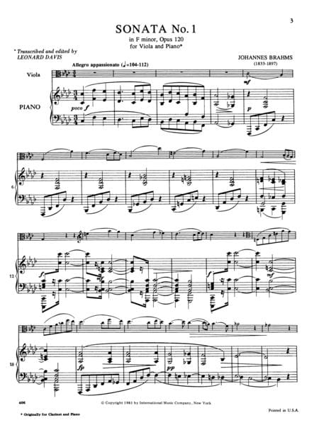 Sonata No. 1 in F minor, Opus 120 布拉姆斯 奏鳴曲 小調作品 中提琴 (含鋼琴伴奏) 國際版 | 小雅音樂 Hsiaoya Music