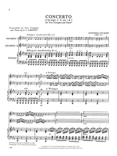 Concerto in E-flat Major (from Horn Concertos RV 538, 539) for Trumpets in C 韋瓦第 協奏曲 大調法國號協奏曲 小號 小號 (含鋼琴伴奏) 國際版 | 小雅音樂 Hsiaoya Music