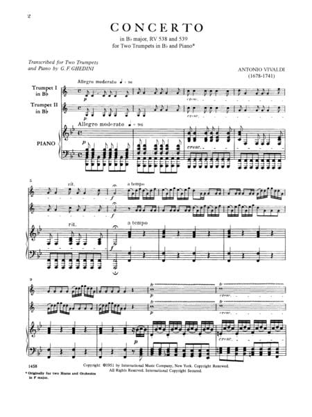 Concerto in B-flat Major (from Horn Concertos RV 538, 539) for Trumpets in B-flat 韋瓦第 協奏曲 大調法國號協奏曲 小號 小號 (含鋼琴伴奏) 國際版 | 小雅音樂 Hsiaoya Music