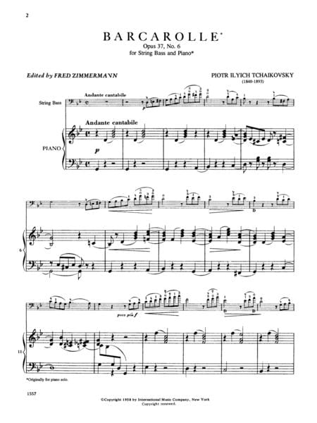 Barcarolle, Opus 37a, No. 6 柴科夫斯基彼得 作品 船歌 低音大提琴 (含鋼琴伴奏) 國際版 | 小雅音樂 Hsiaoya Music