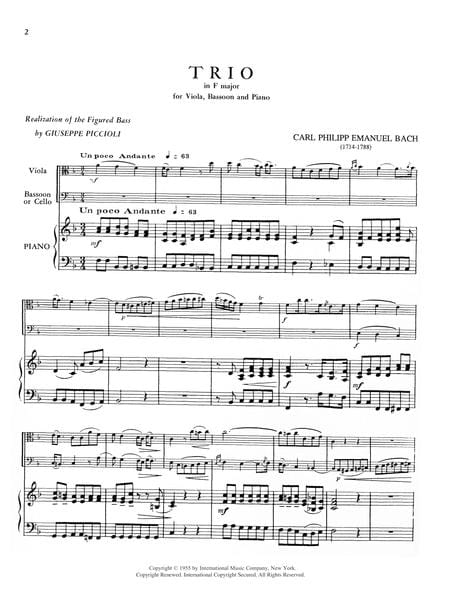 Trio in F Major for Viola, Bassoon & Piano or Viola, Cello & Piano 巴赫卡爾‧菲利普‧艾曼紐 三重奏 大調中提琴鋼琴中提琴鋼琴 | 小雅音樂 Hsiaoya Music