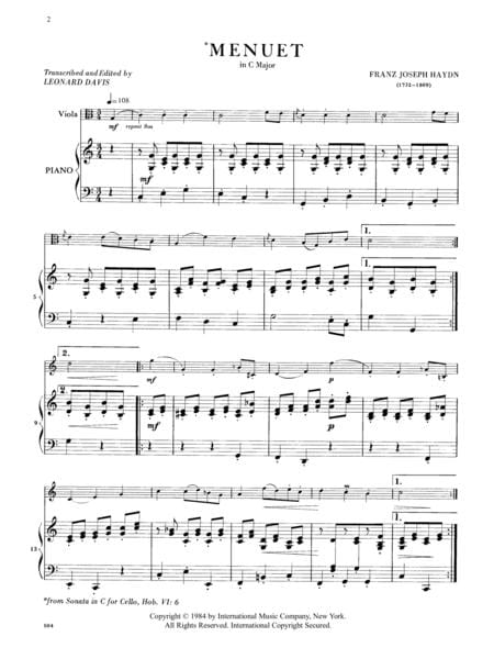 Menuet in C Major (Sonata, Hob. VI: No. 6) 海頓 小步舞曲 大調奏鳴曲 中提琴 (含鋼琴伴奏) 國際版 | 小雅音樂 Hsiaoya Music