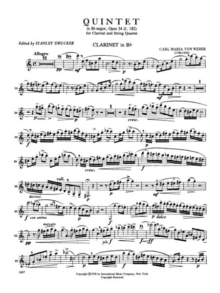 Quintet in B-flat Major, Opus 34 for Clarinet & String 韋伯．卡爾 五重奏 大調作品 弦樂 | 小雅音樂 Hsiaoya Music