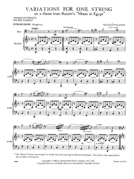 Variations on One String on a Theme from Moses by Rossini (solo tuning) 變奏曲 弦樂 主題 低音大提琴 (含鋼琴伴奏) 國際版 | 小雅音樂 Hsiaoya Music