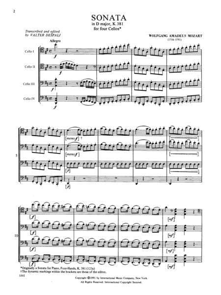 Sonata in D Major, K. 381 莫札特 奏鳴曲 大調 大提琴(3把以上) 國際版 | 小雅音樂 Hsiaoya Music