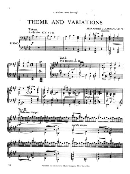 Theme and Variations, Opus 72 葛拉祖諾夫 主題變奏曲作品 鋼琴獨奏 國際版 | 小雅音樂 Hsiaoya Music
