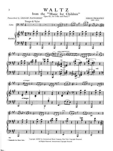 Waltz, Opus 65 普羅科菲夫 圓舞曲作品 大提琴 (含鋼琴伴奏) 國際版 | 小雅音樂 Hsiaoya Music