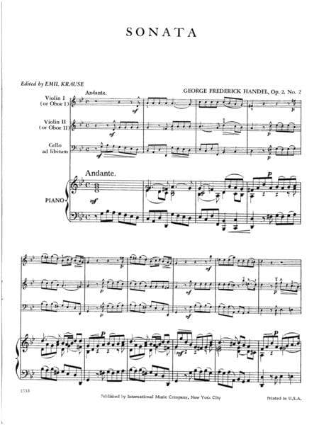 Sonata in G minor, Opus 2, No. 2 for Two Violins & Piano or Two Oboes & Piano (with Cello ad lib.) 韓德爾 奏鳴曲 小調作品 小提琴鋼琴 雙簧管鋼琴大提琴 小提琴 (2把以上含鋼琴伴奏) 國際版 | 小雅音樂 Hsiaoya Music