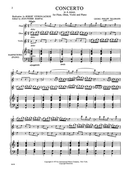 Concerto in A minor for Flute, Oboe, Violin & Piano (with Cello or Bassoon ad lib.) 泰勒曼 協奏曲 小調長笛小提琴鋼琴大提琴 | 小雅音樂 Hsiaoya Music