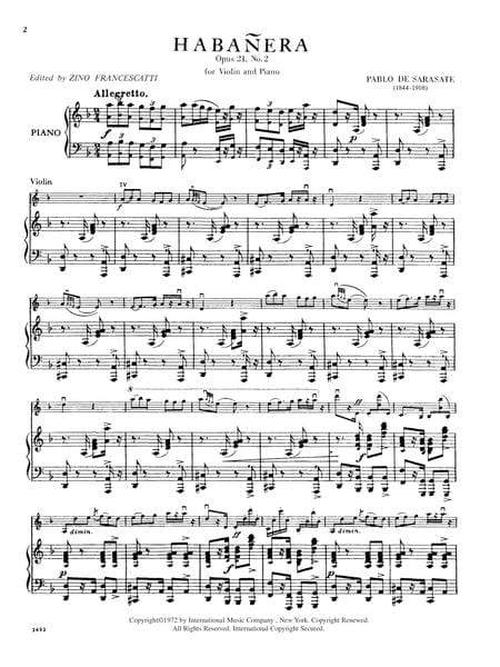 Habanera, Opus 21, No. 2 薩拉沙特 作品 小提琴 (含鋼琴伴奏) 國際版 | 小雅音樂 Hsiaoya Music