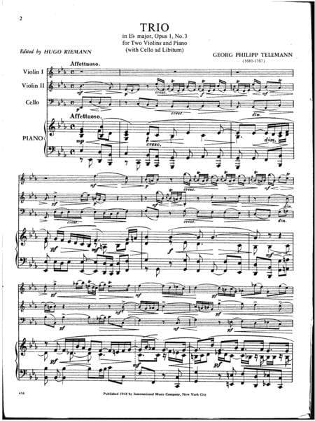 Trio in E-flat Major, Opus 1, No. 3 for Two Violins and Piano (with Cello ad Libitum) 泰勒曼 三重奏 大調作品 小提琴鋼琴大提琴 小提琴 (2把以上含鋼琴伴奏) 國際版 | 小雅音樂 Hsiaoya Music